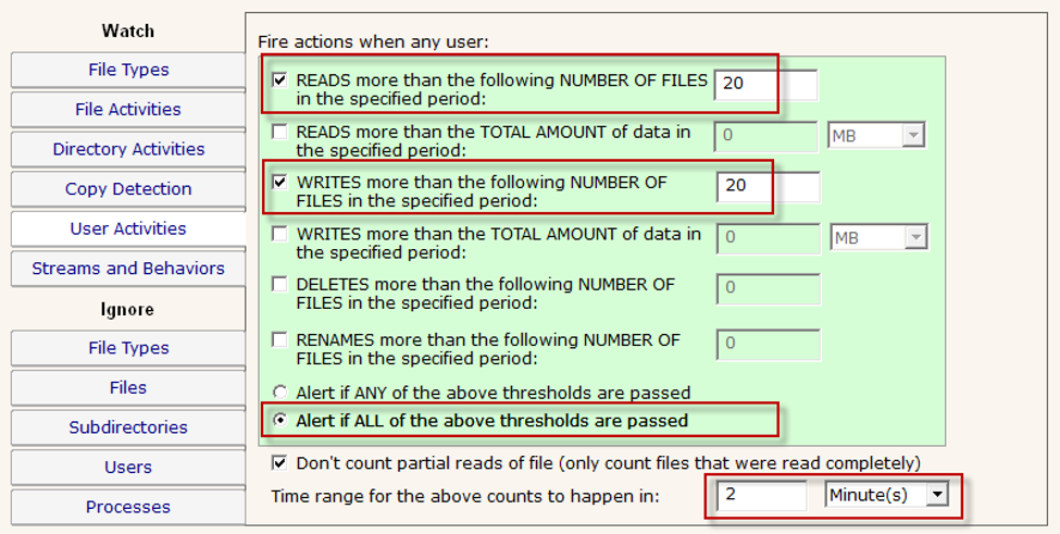 Example read and write thresholds for ransomware detection